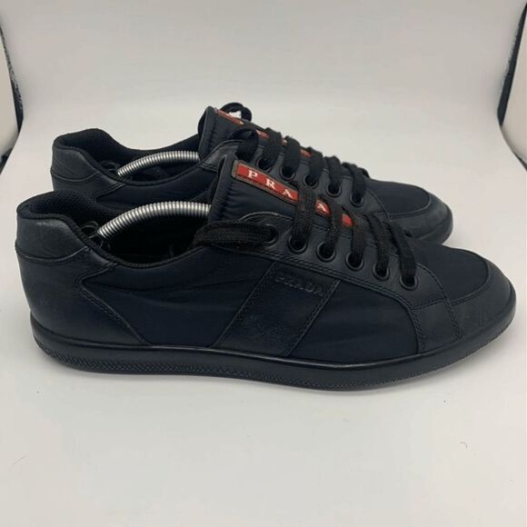 AUTH PRADA SNEAKERS SHOES 4E2845 LEATHER +‎ NYLON BLUE Size 7 - Picture 1 of 10